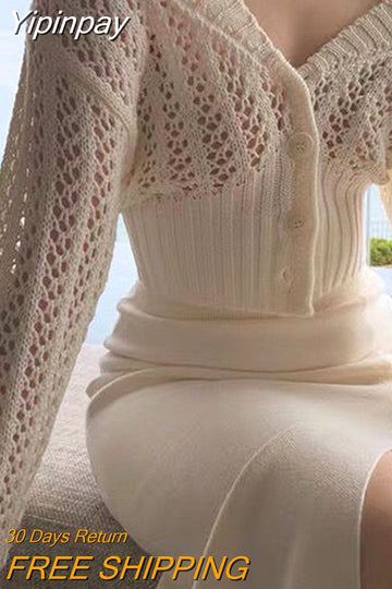 Yipinpay Women Hollow Sweater Cardigan Outerwear New Style KoreanV Neck Button Knitted Tops Jackets Woman